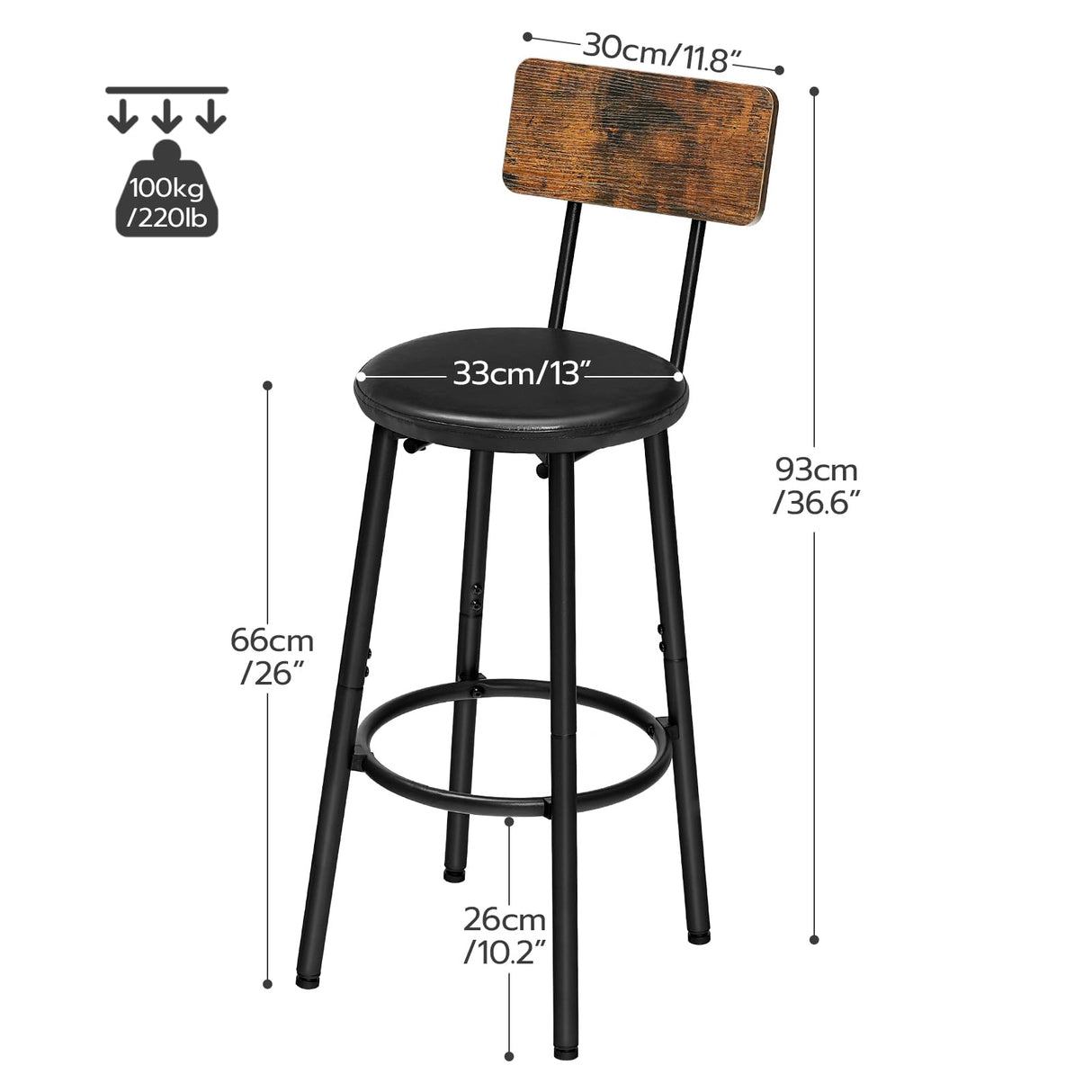 Bar Stools, Set of 2 Bar Stools with PU Upholstered, Bar Chairs with Footrest and Back