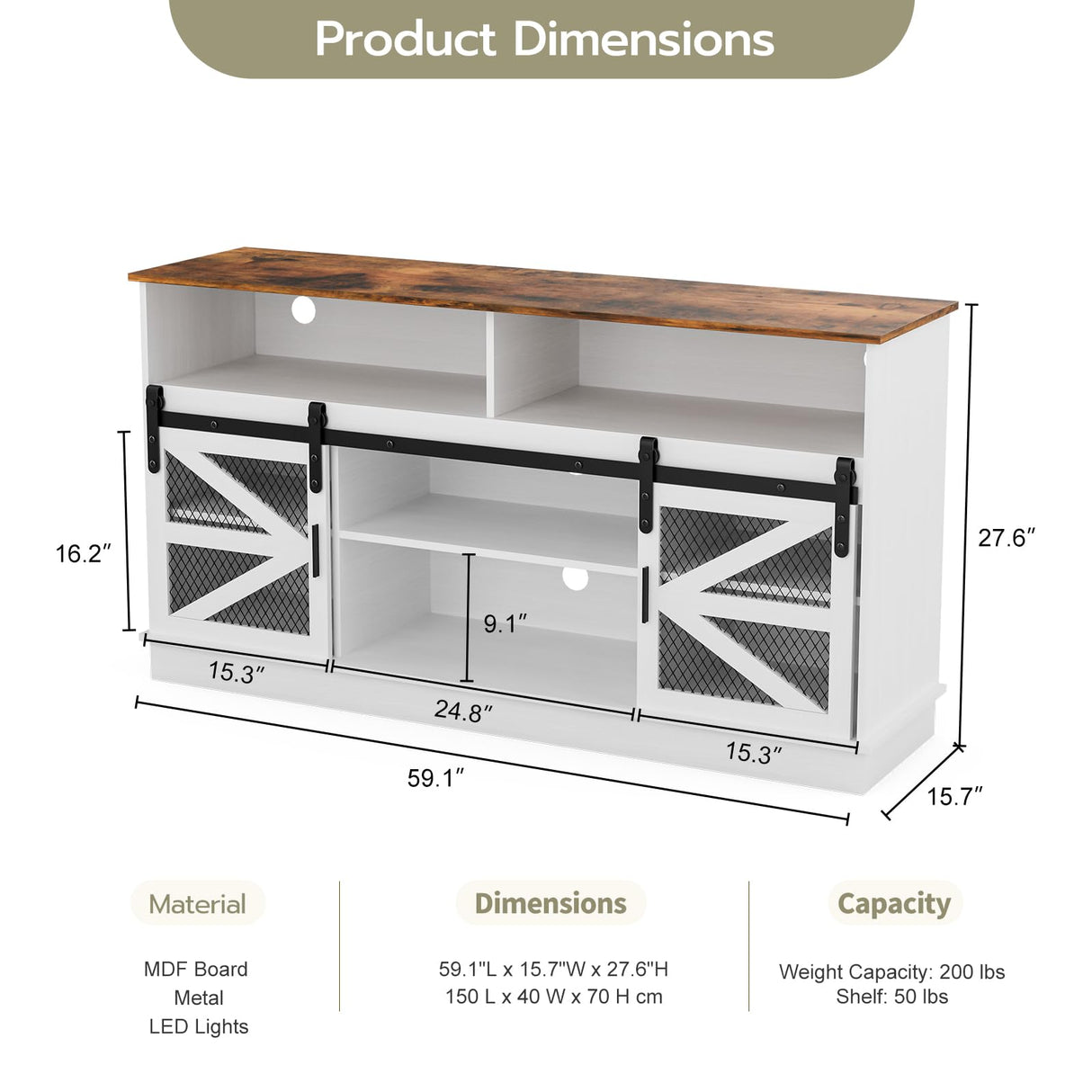 Farmhouse Barn Door TV Stand for 65+ Inch TV, Industrial Entertainment Center