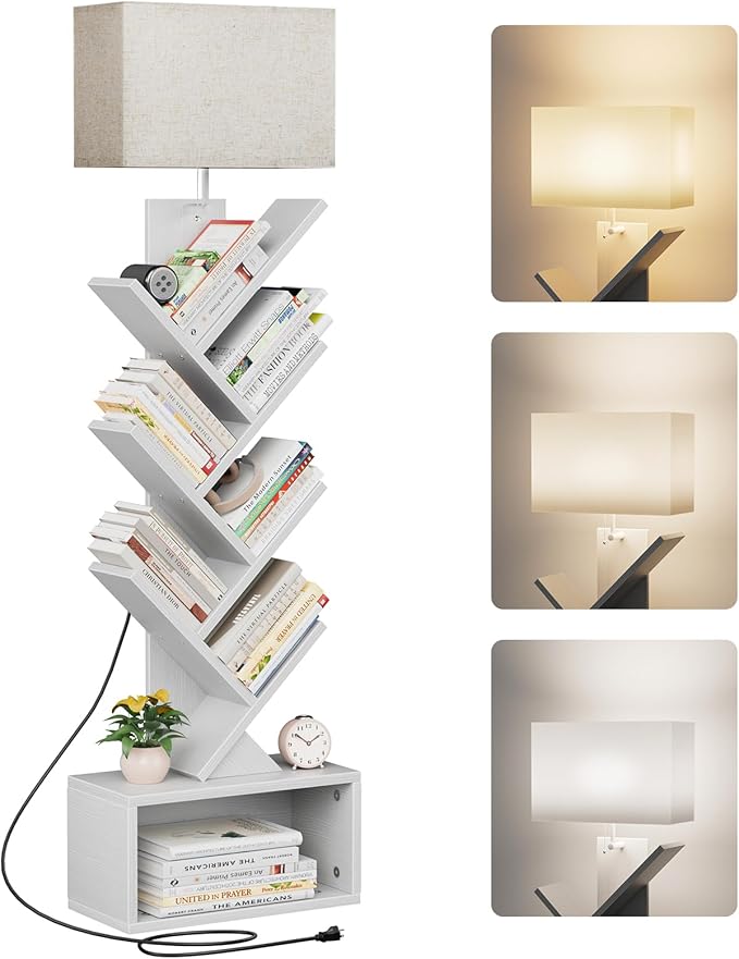 6 Tier Tree Bookshelf with Light, Narrow Bookcase Tower, Tall Floor Standing Book Organizer with Storage Cabinet for Living Room, Bedroom and Home Office, Rustic Brown