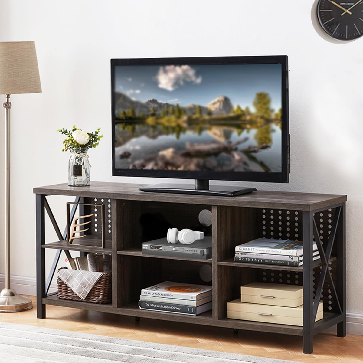 TV Stand for 70 Inch TV, Rustic Industrial Entertainment Center, Large Television Stands