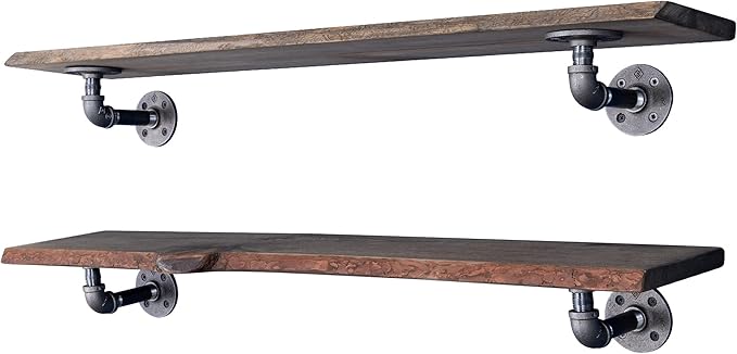 36” Sunset Cedar Live Edge Wood Shelf with Industrial L-Shaped Pipe Brackets (2-Pack)