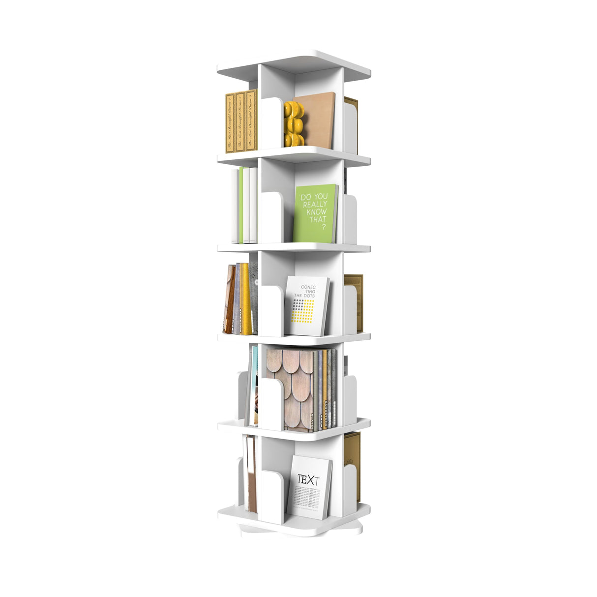 White Rotating Bookshelf, 360 Display 5 Tier Rotating Bookshelf Tower, Floor Standing