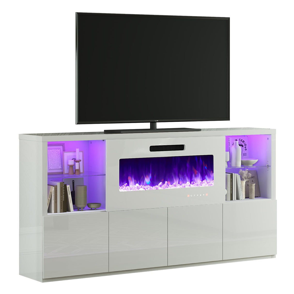 LUXOAK 68" Modern Fireplace TV Stand for TVs up to 75", High Gloss Entertainment Center with 40" Fireplace, 4 Shelves & Storage Cabinets, Media Console Table, All Gloss White