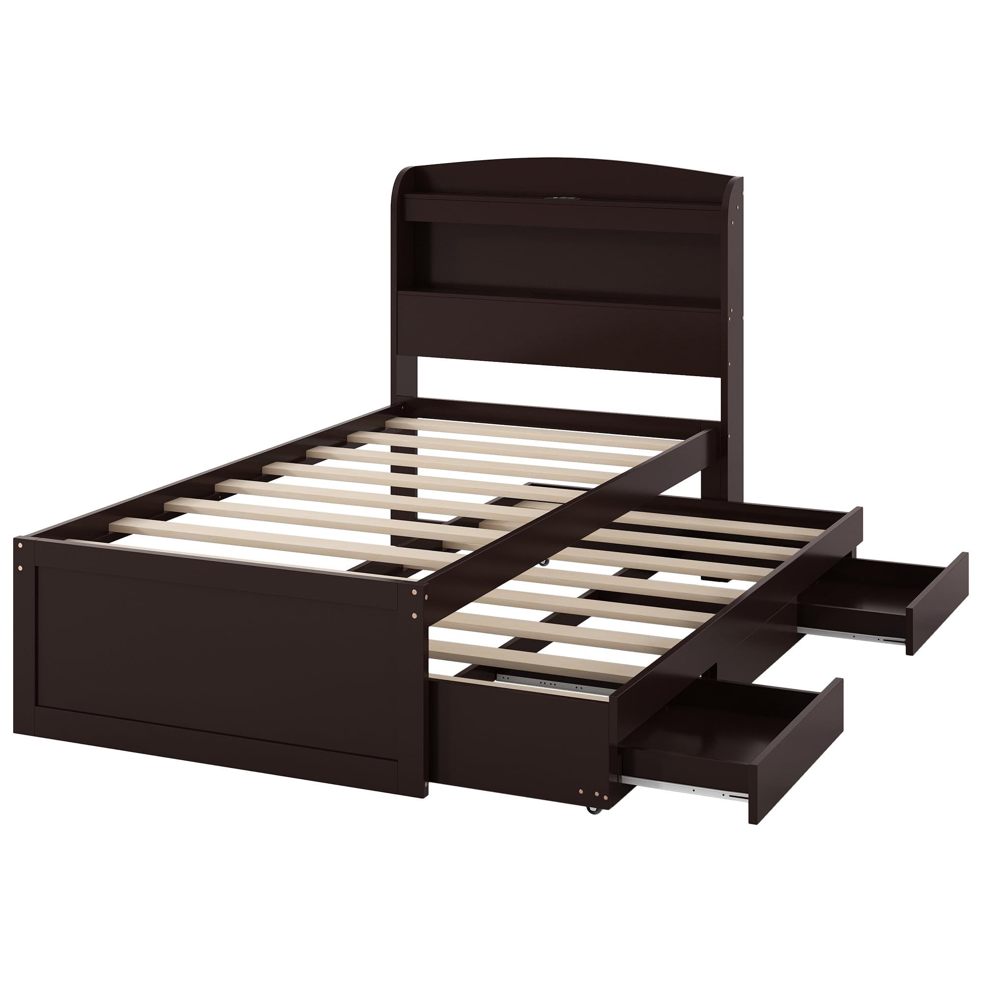 Merax Wood Platform Bed with Storage LED Headboard and USB Charging Station, Twin XL Size Bedframe with Twin Trundle Bed and 2 Drawers, Solid Wooden Slats Support, Easy Assembly, Dark Brown