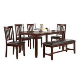 6 Piece Wooden Dining Set with Leatherette Padded Chair and Bench, Brown