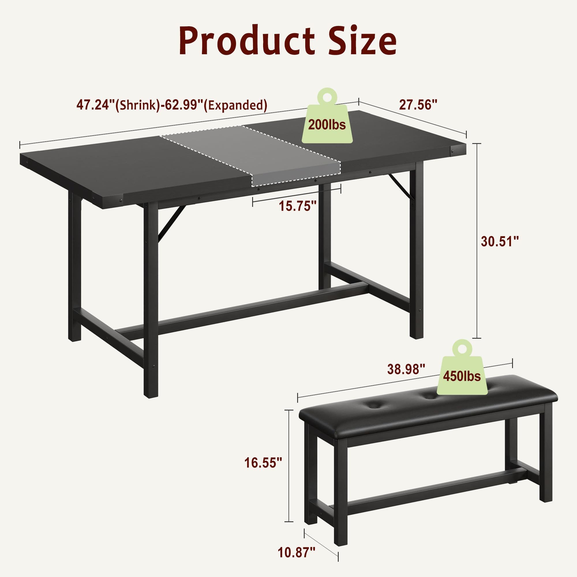 63" Extendable Dining Table Set with Upholstered Benches