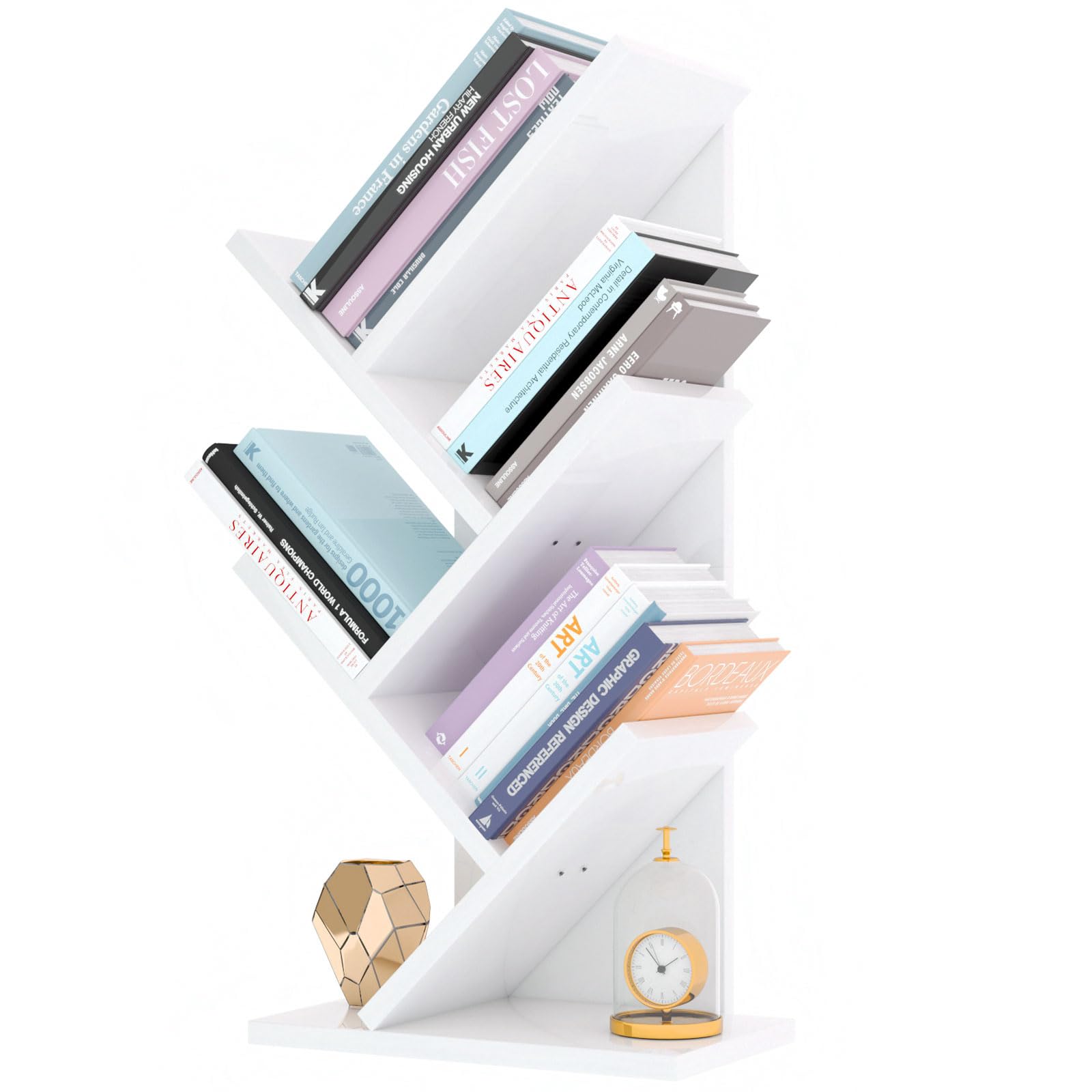 YMYNY 4 Tier Tree Bookshelf, Small Bookcase, Modern Wood Book Storage Rack, Freestanding Book Shelf for Books/Movies/CDs, Narrow Display Rack for Living Room, Home Office, White UHBC014W