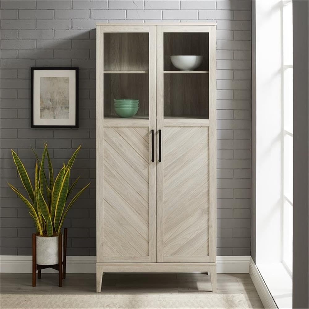 Emma Boho Chevron 2 Door Glass Window Hutch with Bottle Storage, 68 Inch, Birch
