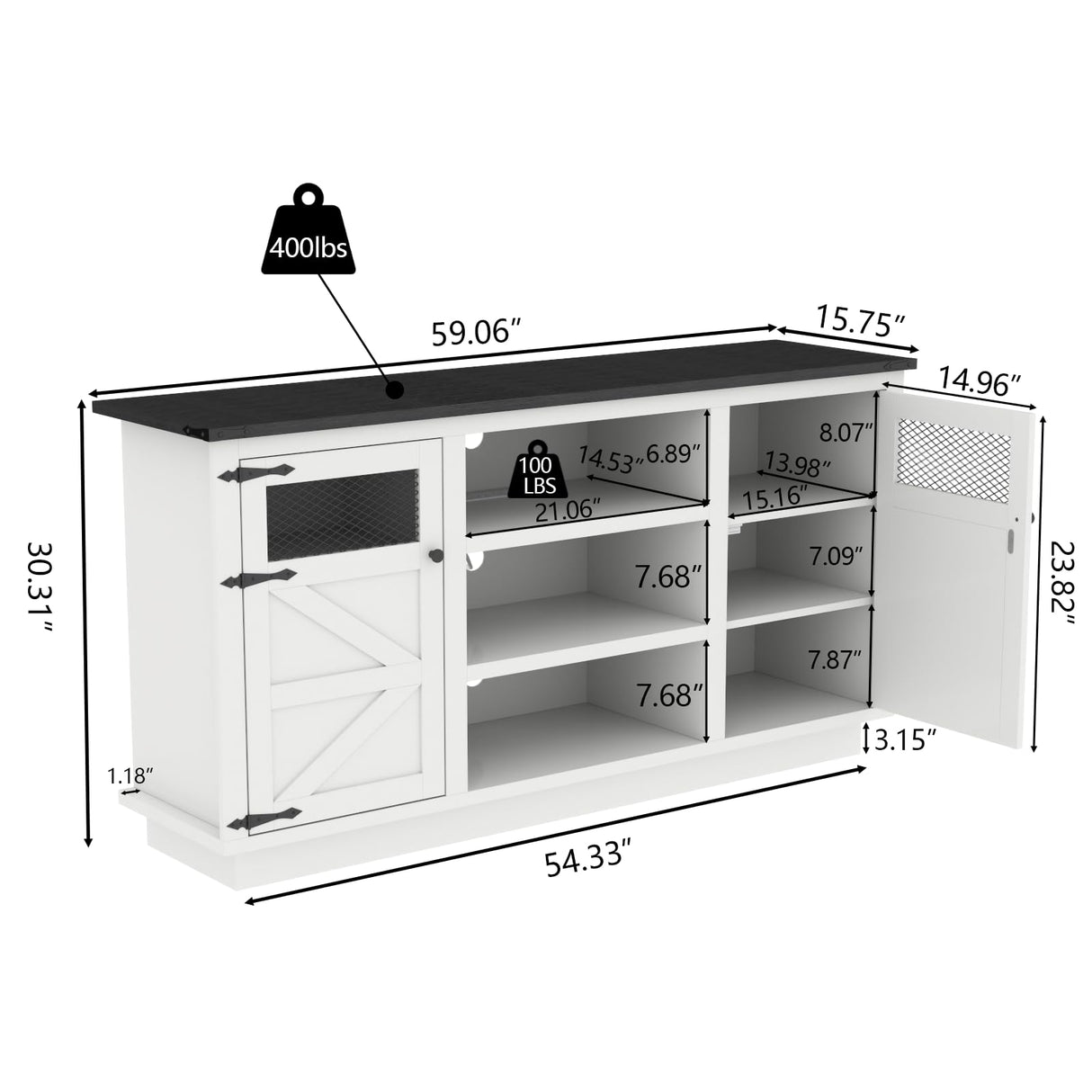 Farmhouse TV Stand with Power Outlet & LED Lights for 65+ Inch TV