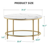 White Marble Round Coffee Table with Glass for Living Room, 2-Tier Circle Coffee Table