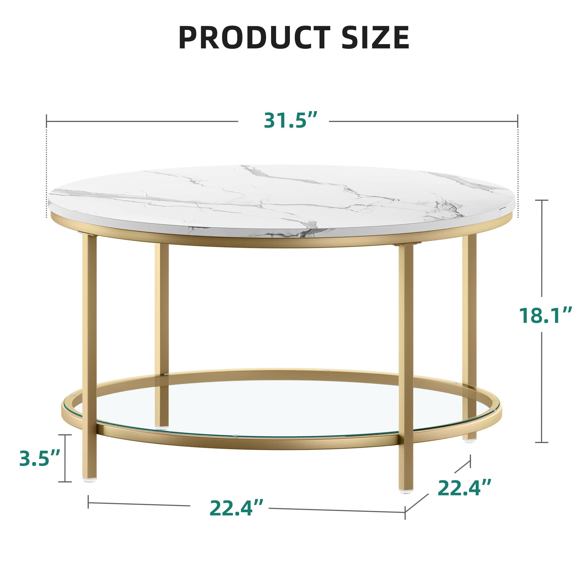 White Marble Round Coffee Table with Glass for Living Room, 2-Tier Circle Coffee Table
