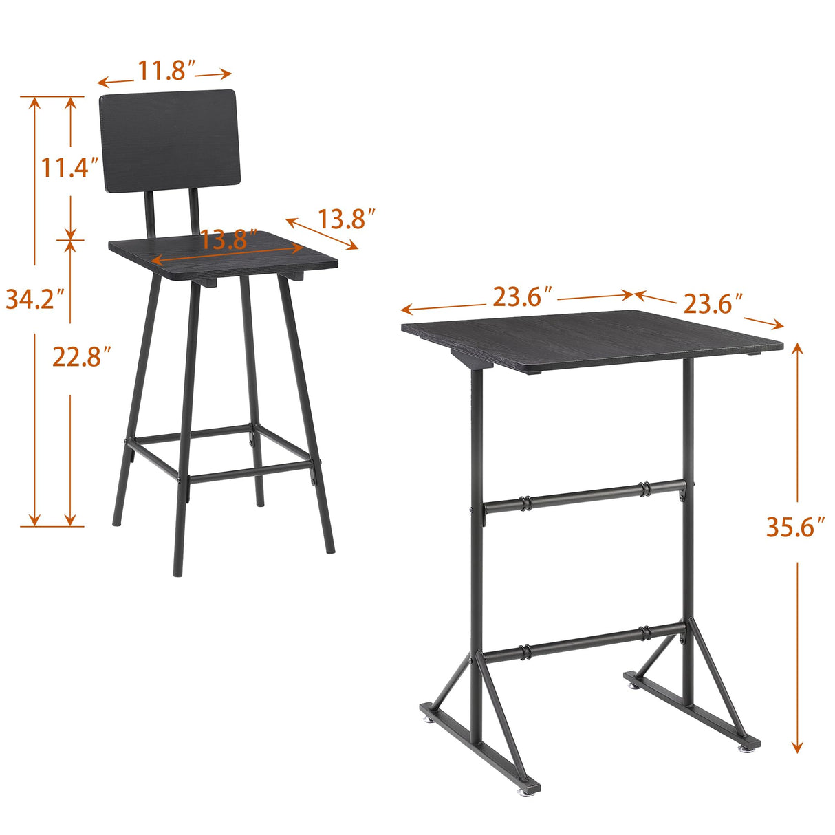 3-Piece Bar Table Chairs, Square Counter Height Bistro Dinette Sets