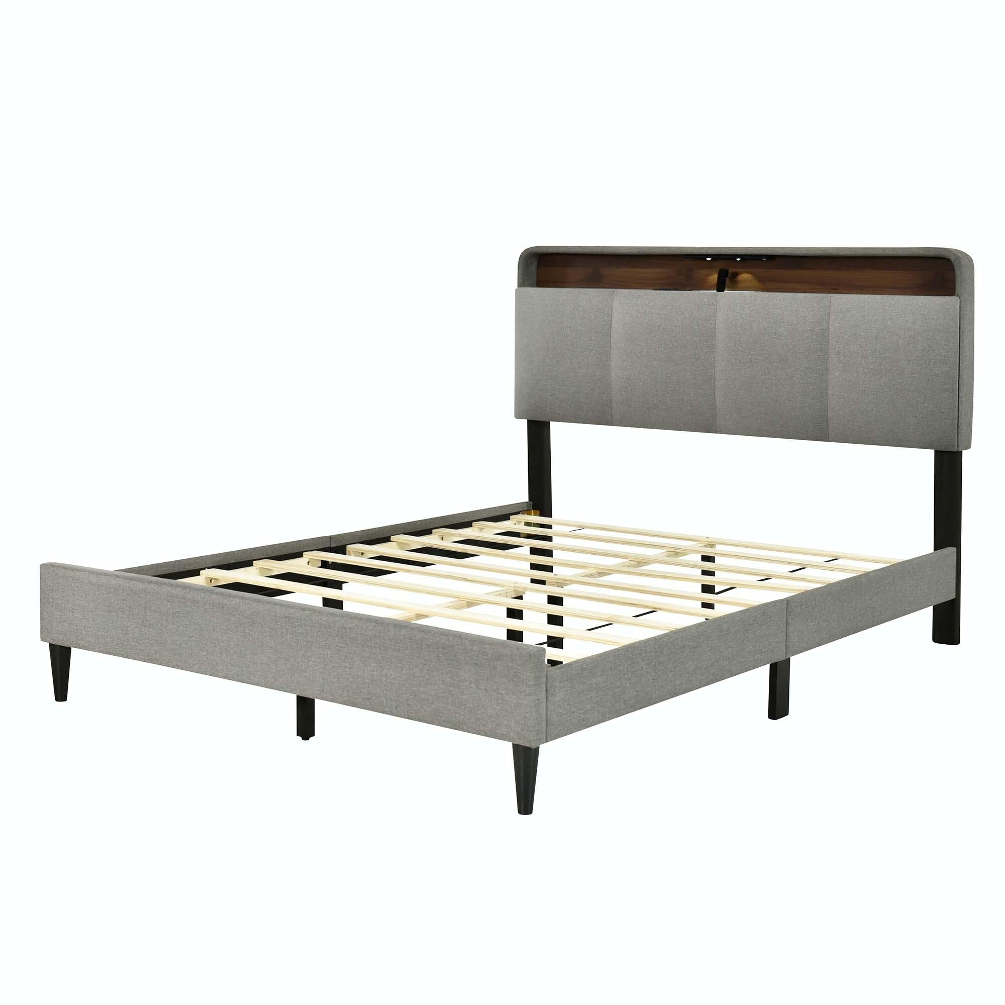 Upholstered Platform Bed with Storage Headboard and Sensor Light Beige - Queen