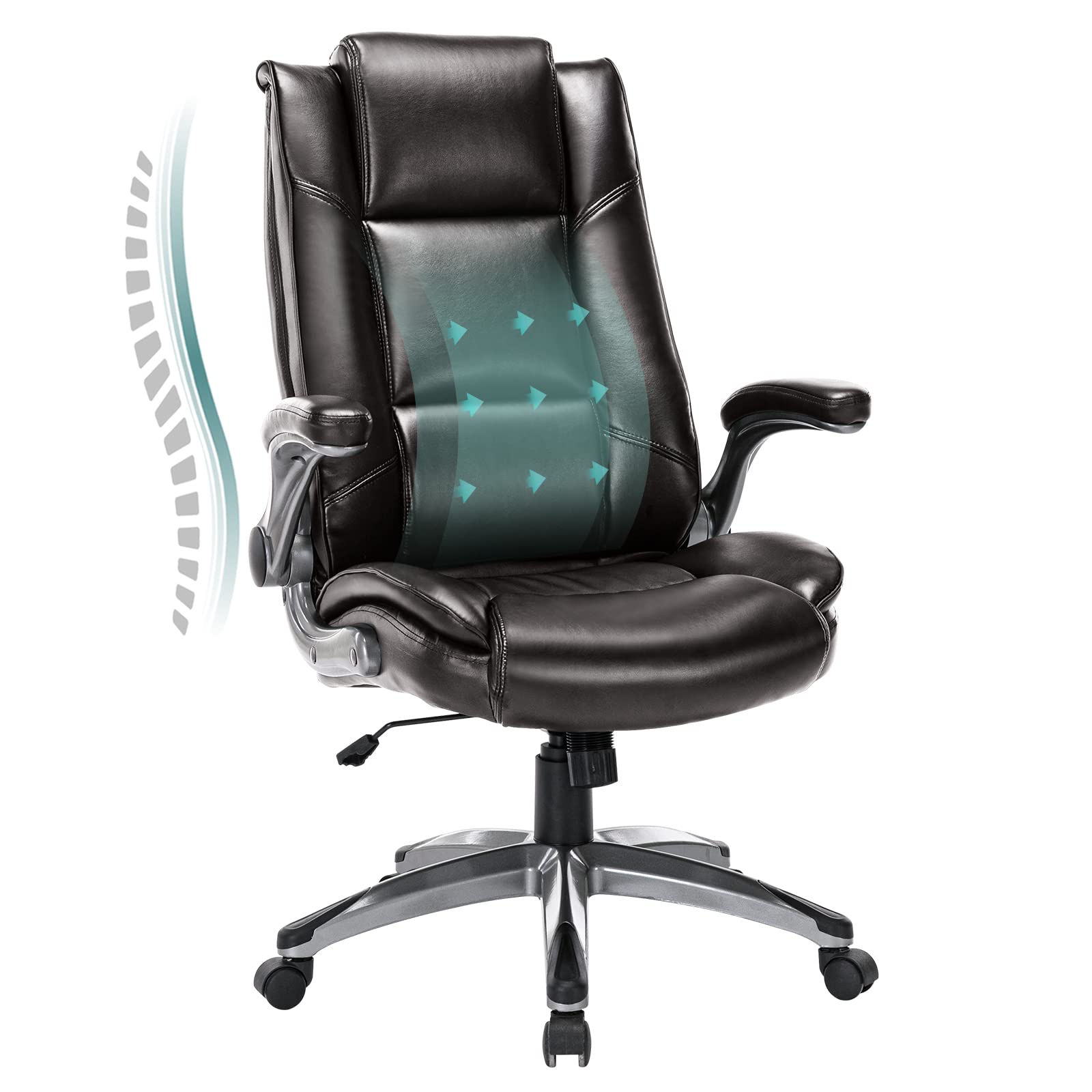 Leather Executive Office Chair - High Back Ergonomic Desk Chair with Flip-Up Arms