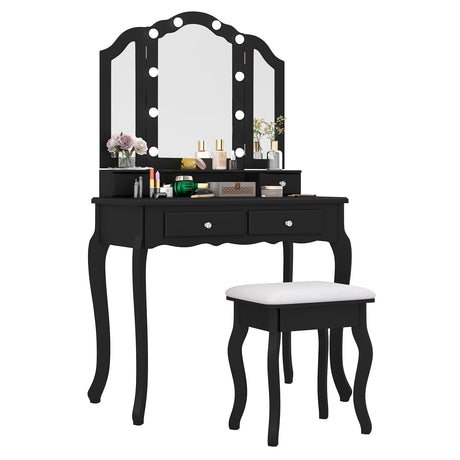 Vanity Set with Tri-Fold Mirror & Dimmable Lights, Vanity Desk and Cushioned Stool Set with 4 Drawers, Open Shelf & Compartment, Modern Dressing Table Set for Bedroom, Black