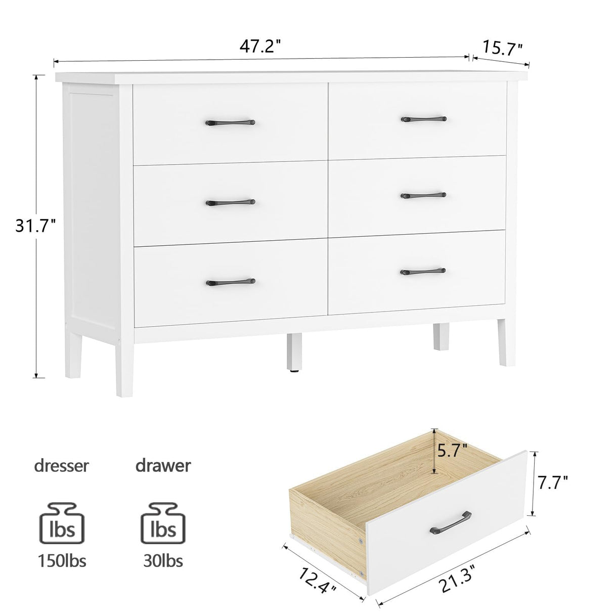 White Dresser for Bedroom, 6 Drawer Dresser Wood with Black Metal Handles