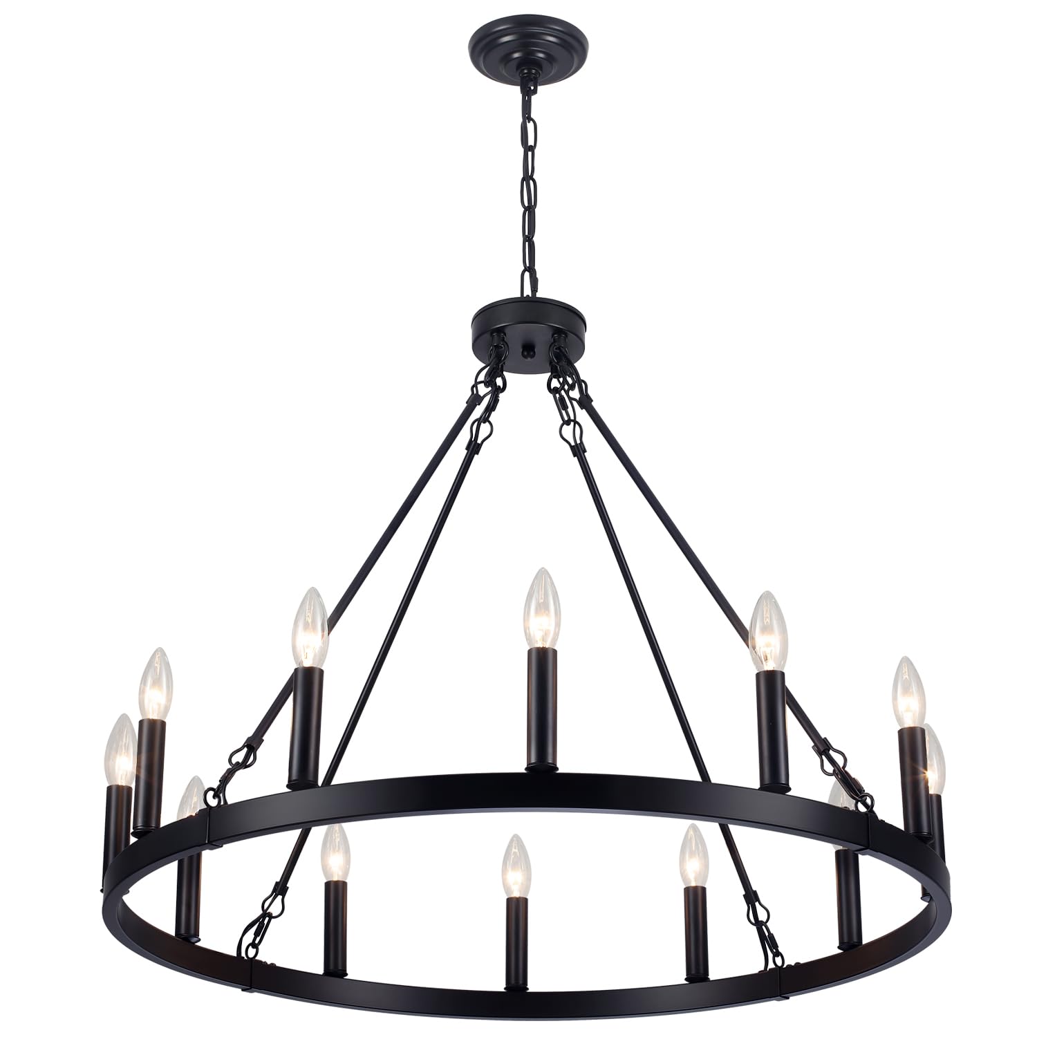 12-Light Large Wagon Wheel Chandelier, Farmhouse Black Chandelier