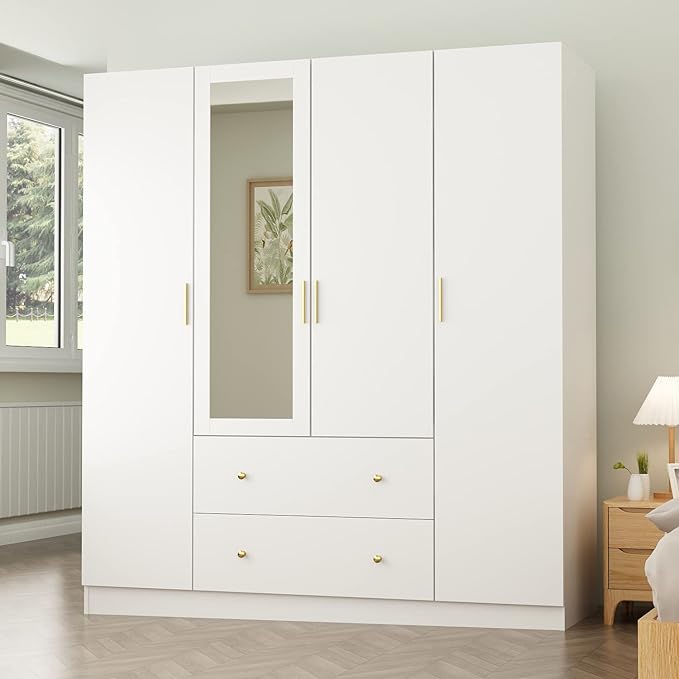 Wardrobe Armoire with Mirror, 5-Tier Shelves, 2 Drawers, 2 Hanging Rods and 4 Doors