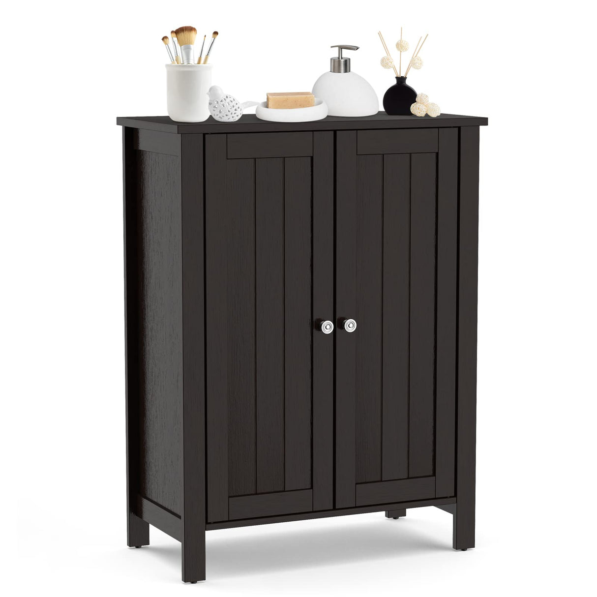 Bathroom Floor Cabinet - Freestanding Side Storage Organizer with Double Doors & Adjustable Shelf