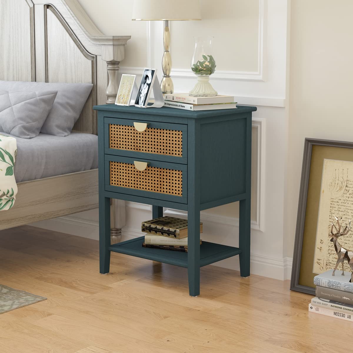 2 Drawers End Table for Living Room, Rattan Nightstand Bedside Table with Metal Handles