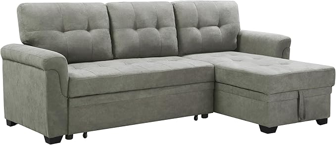 Lucca 84" W Dark Gray Linen Reversible Sleeper Sectional Sofa with Storage Chaise