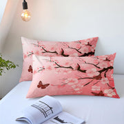 Pink Floral Butterfly Comforter Bedding Set King Size Japanese Cherry Blossom Bed Sets