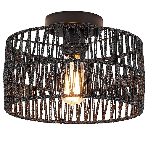 Coastal Black Woven Flush Mount Light Fixture Rustic Industrial Hemp Rope Round Flush