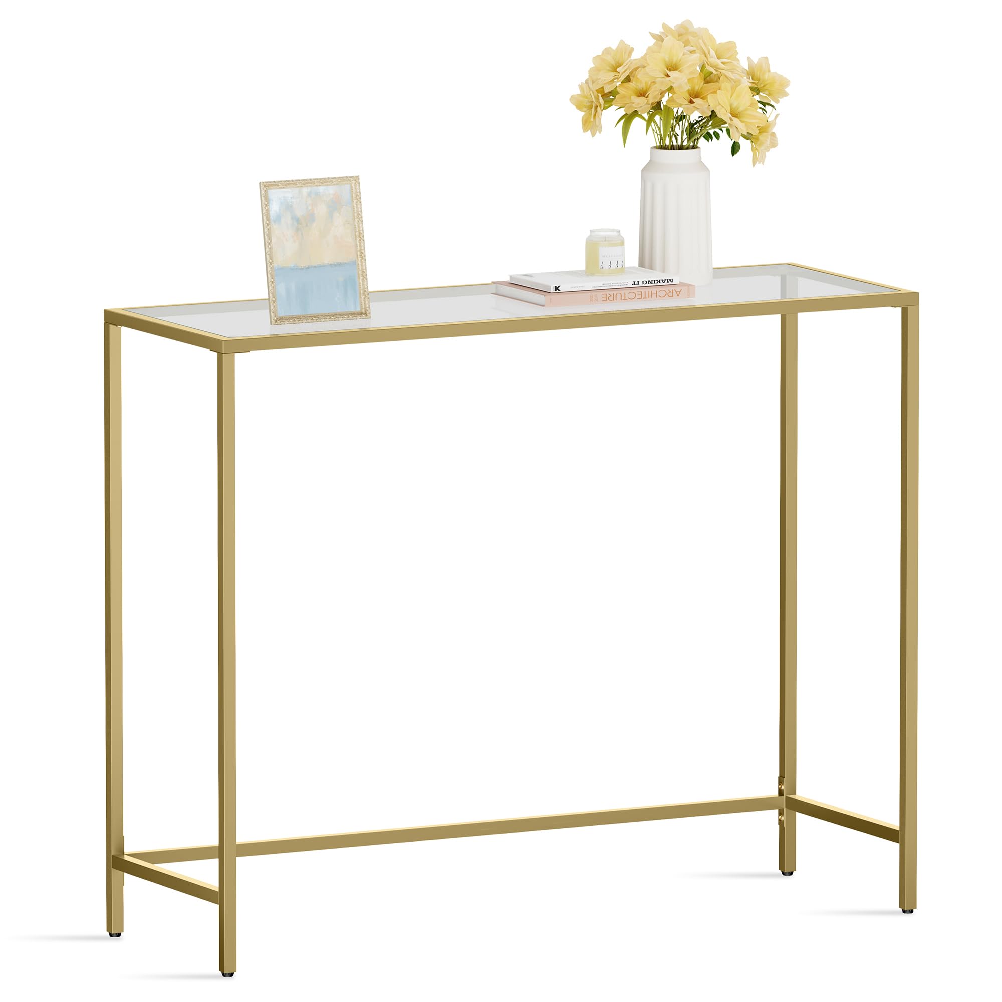 39.4" Tempered Glass Console Tables, Modern Sofa Tables with Metal Frame