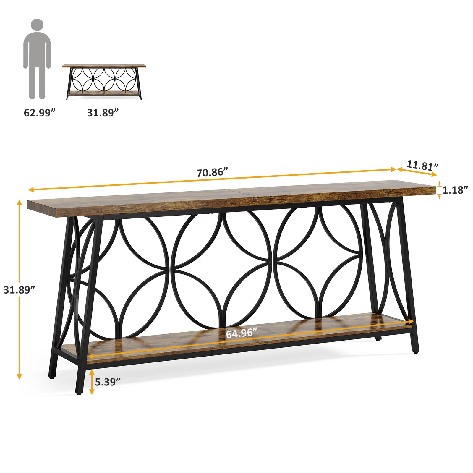 70.9-Inch Rustic Brown Console Table with Storage - 2-Tier Sofa Table