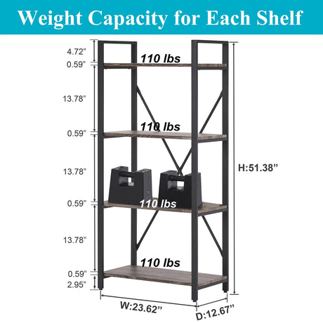 BON AUGURE Industrial 4 Tier Bookshelf, Modern Open Etagere Bookcase, Wood Metal Book Shelves for Living Room, Bedroom and Office (Dark Gray Oak)