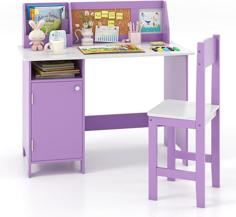 Wooden Children Study Table with Storage, Hutch, Cork Bulletin Board, Whiteboard &