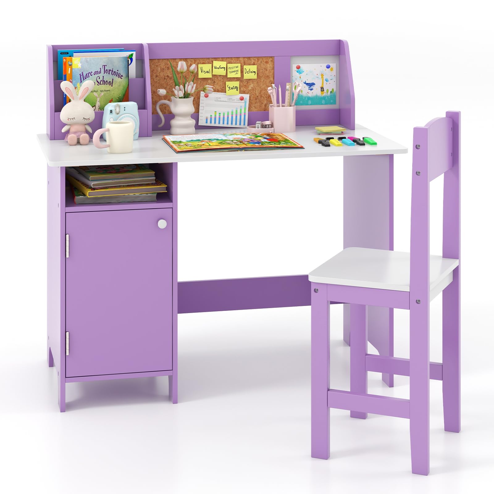 Kids Desk and Chair Set, Wooden Children Study Table with Storage, Hutch