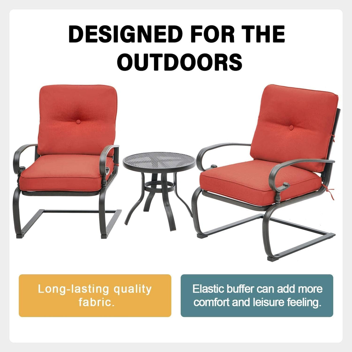 SUNCROWN 3-Piece Outdoor Patio Bistro Set， Spring Motion Chairs and Bistro Round Table Set, Steel Frame Conversation Furniture Set with Cushions（Red）