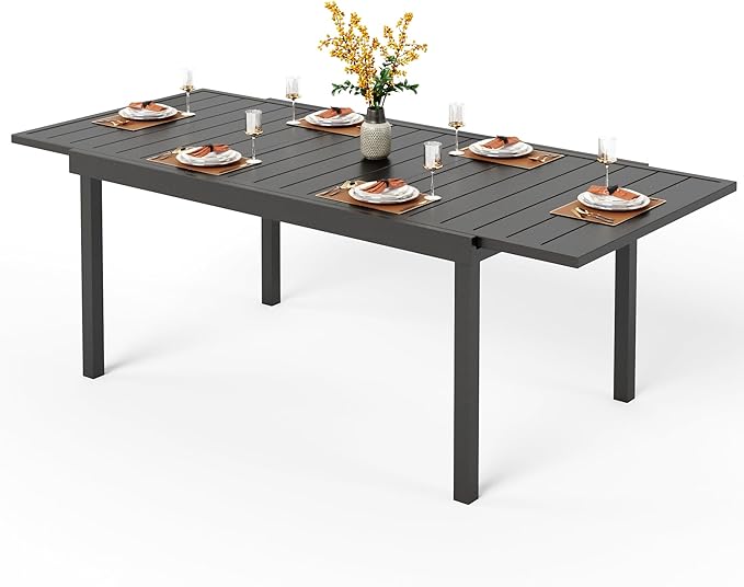 Outdoor Metal Expandable Dining Table, Wood-Like Wrought Iron Extendable