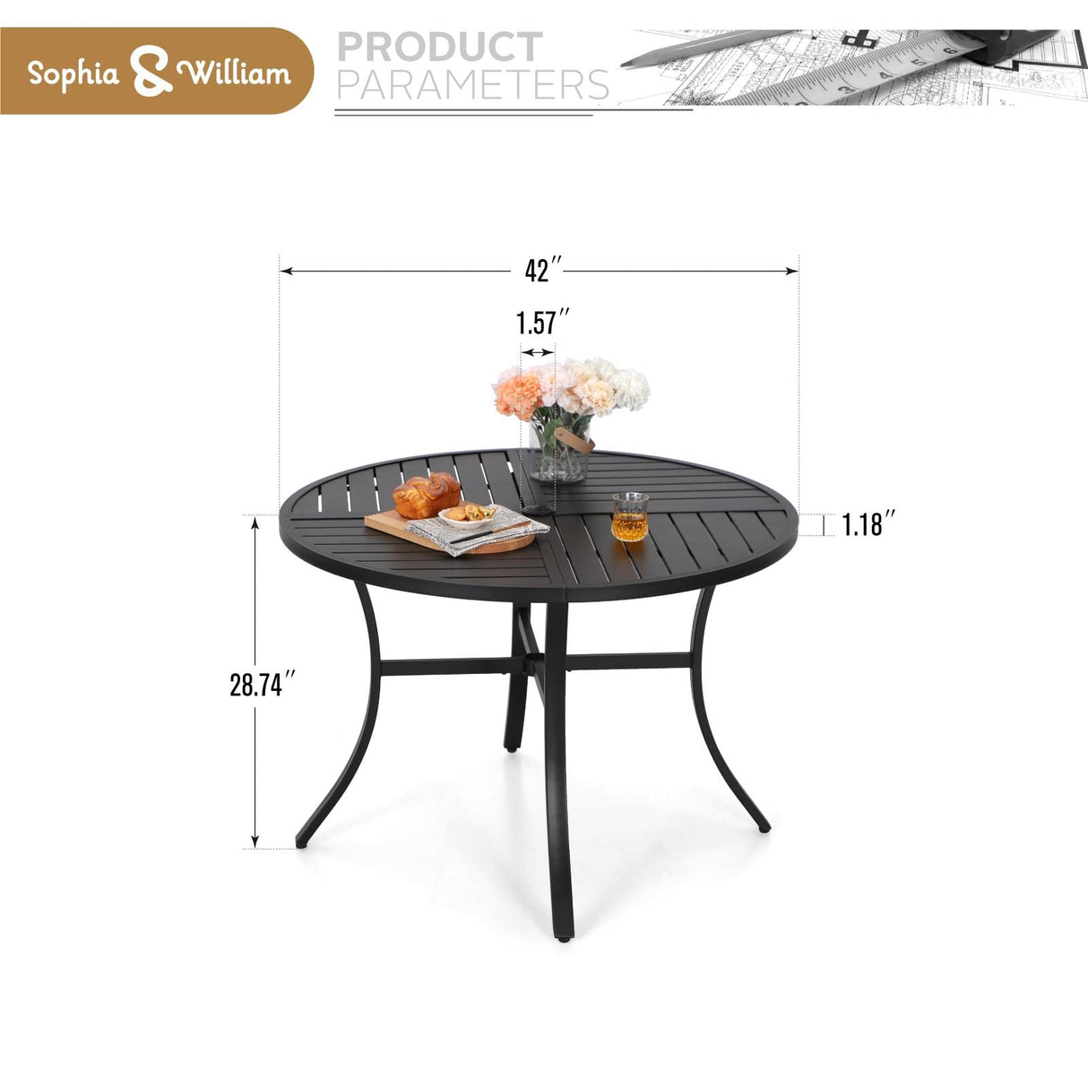 Round Patio Table, Black Metal Outdoor Dining Table for 4