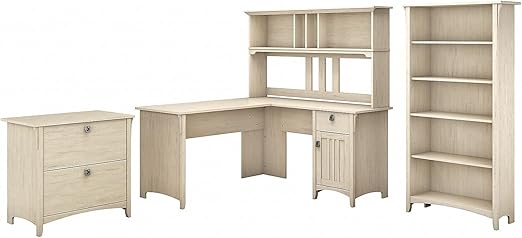 Salinas 60W L Shaped Desk with Hutch, Lateral File Cabinet and 5 Shelf Bookcase