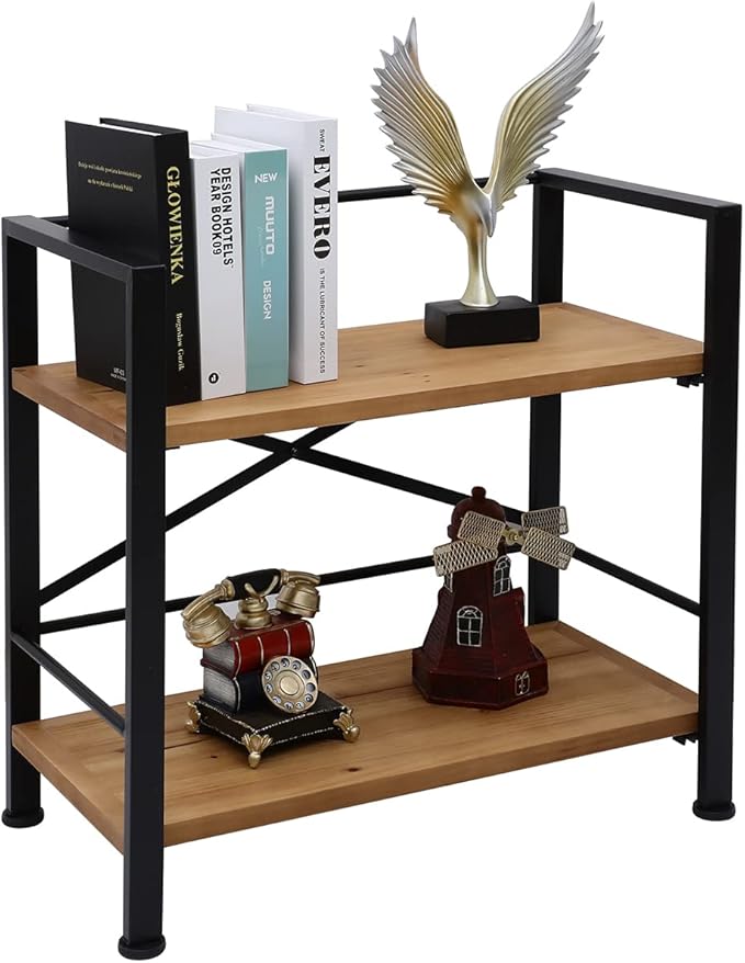 Rustic Bookshelf, 3 Tier Real Wood Bookshelf, Metal Book Shelf for Storage, Black Bookcase, 12.6" D x 23.62" W x 36.61" H