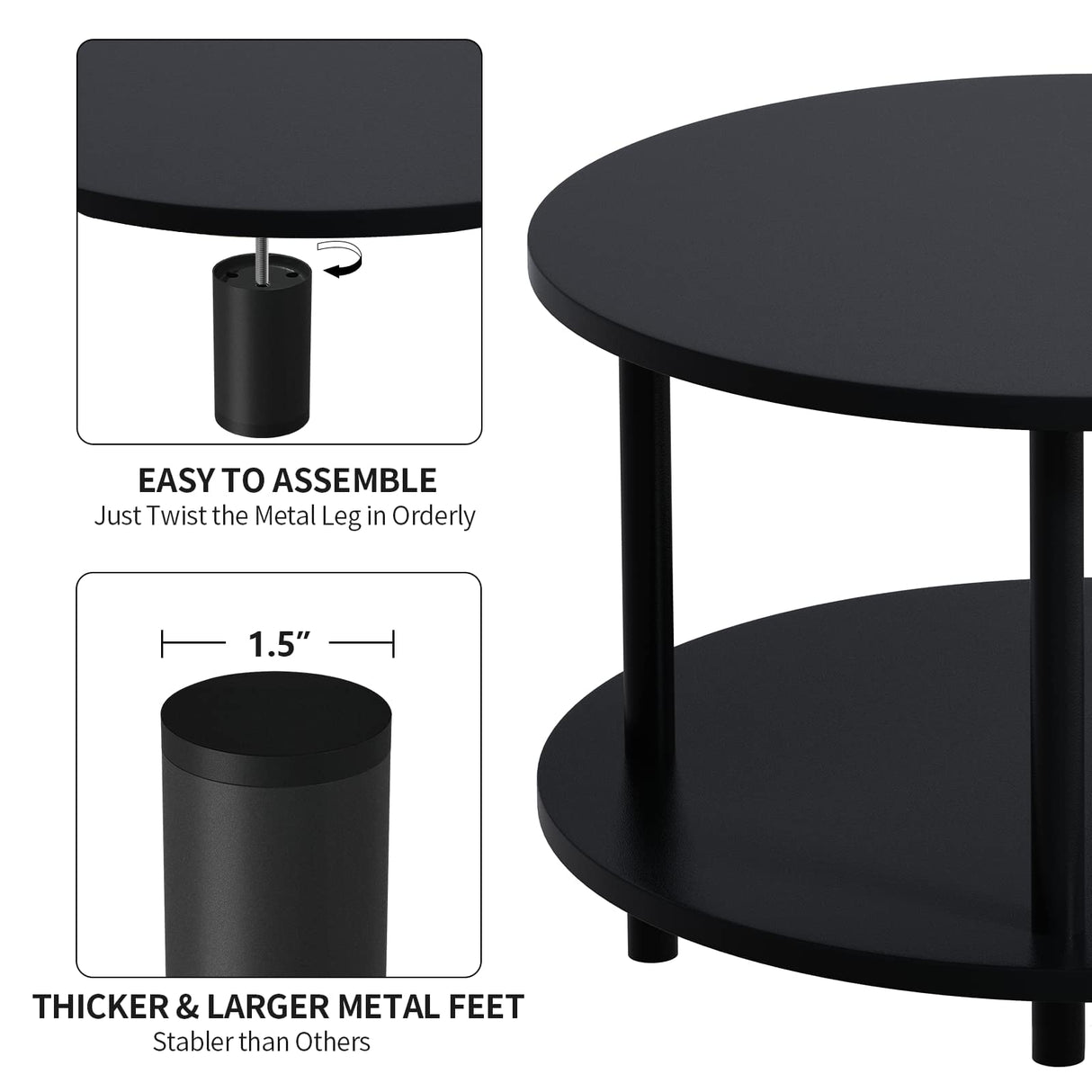 Small Round Coffee Table with Open Storage for Small Space, 23.5" Black 2-Tier Wooden