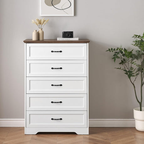 Dresser with 5 Drawers White Modern Chest of Drawers Large Capacity Storage Wood