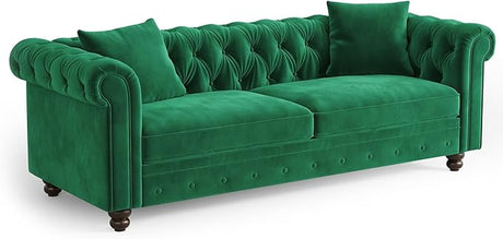 Chesterfield Sofa, 82 Inch Black Velvet Couch with Rolled Arms