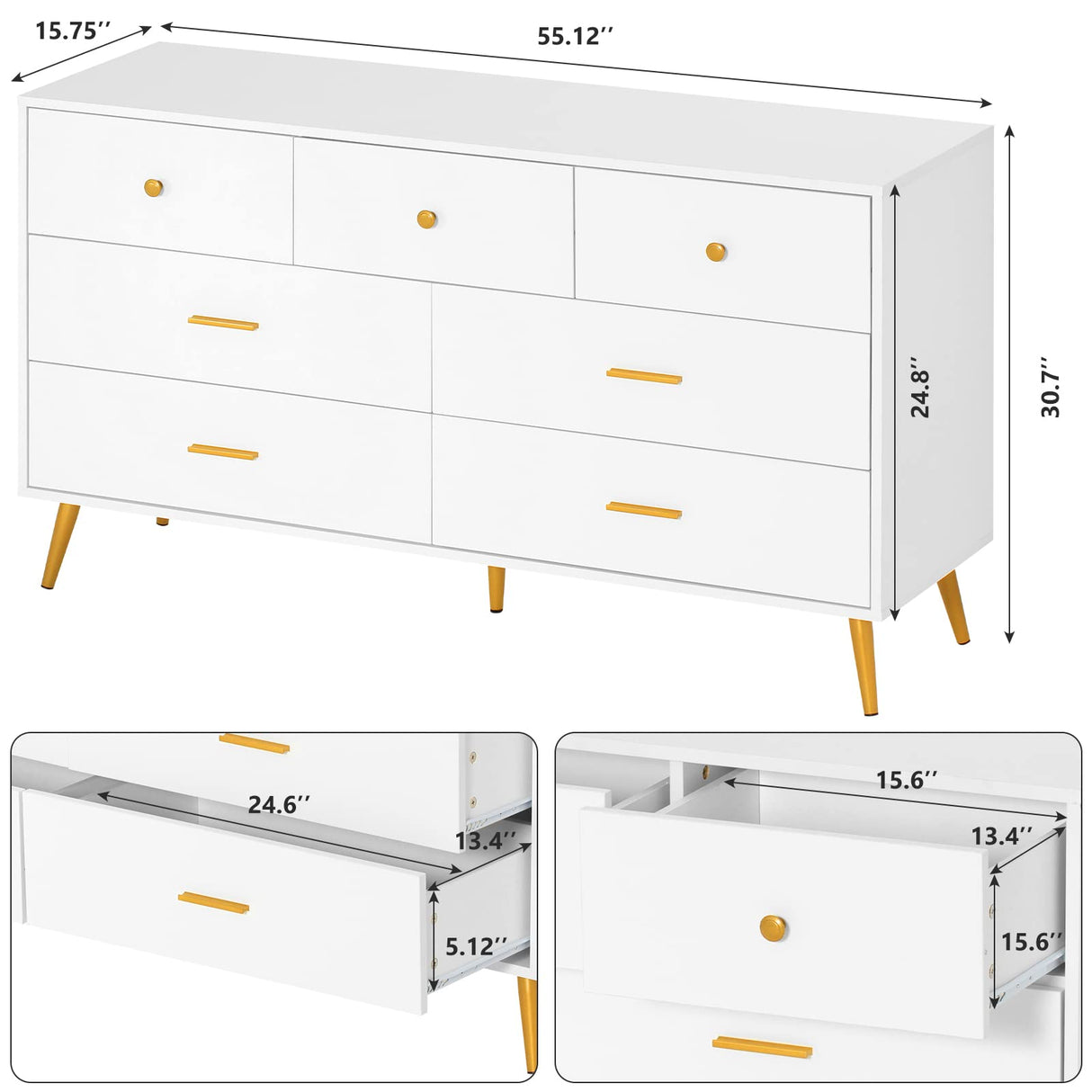 7 Drawer Dresser for Bedroom, Modern White Wood Dresser with Wide Drawers