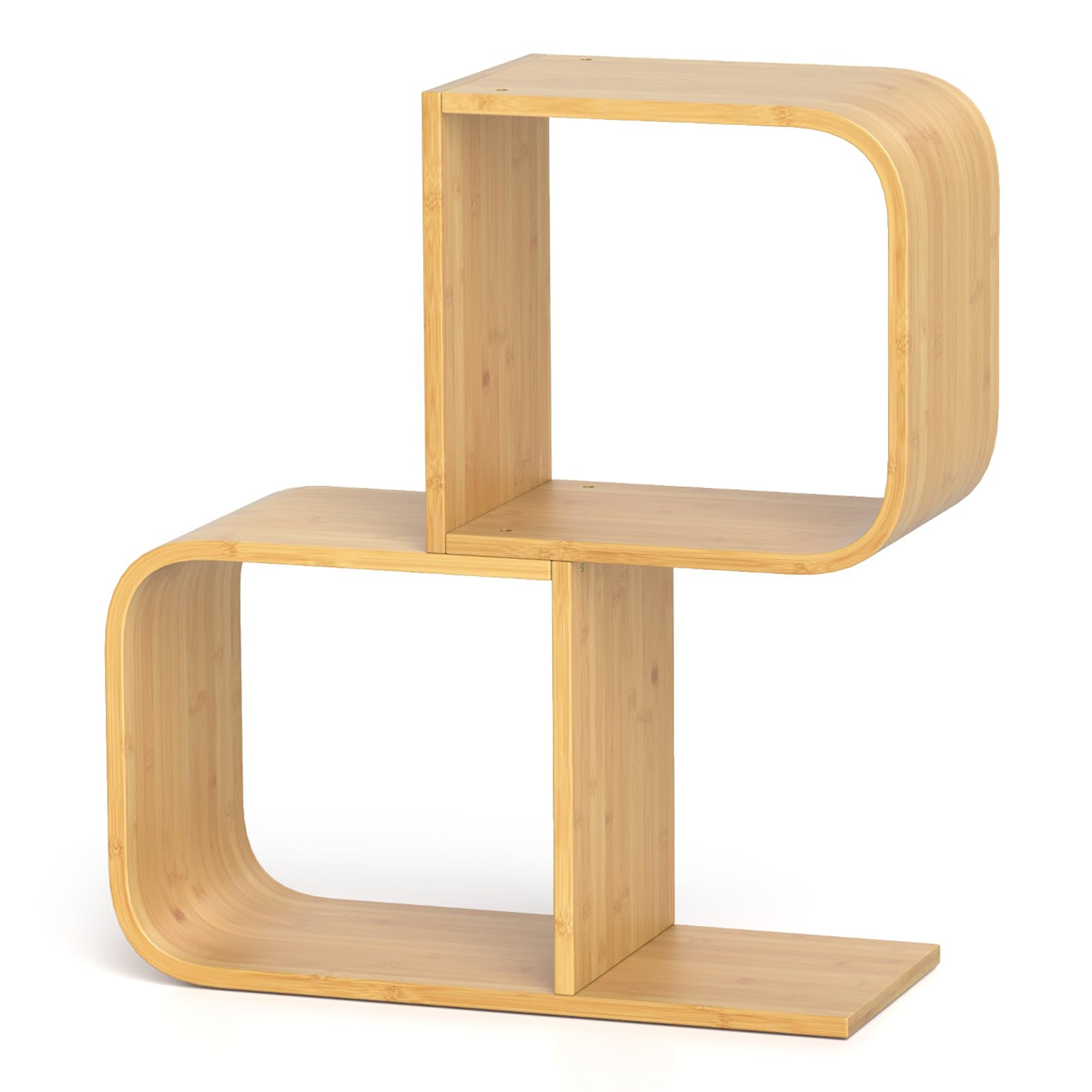S-Shaped Bookcase, 2-Tier Bamboo Bookshelf with 2 Open Cubes