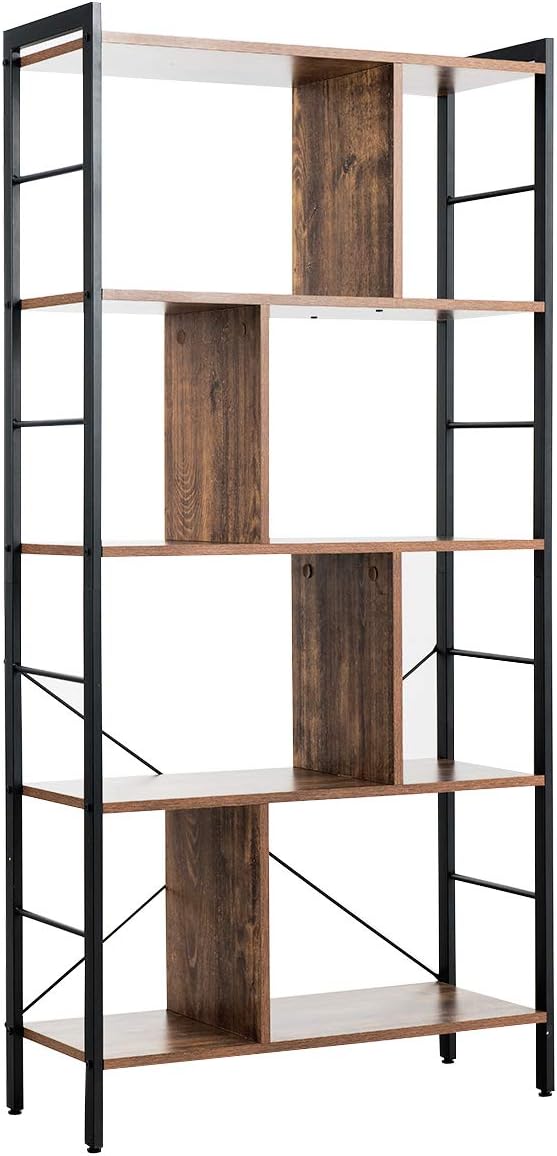 5-Tier Bookshelf, Industrial Style Bookcase with Metal Frame, Free Standing Storage Display Shelves