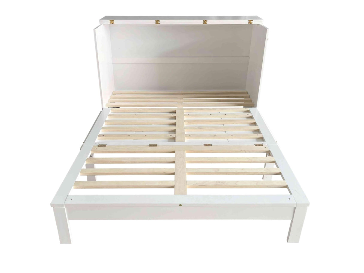 Foldable Queen Size Murphy Bed with Large Storage Drawer, Wooden Space Saving Platform Bedframe for Bedroom, Guestroom, No Box Spring Required, White