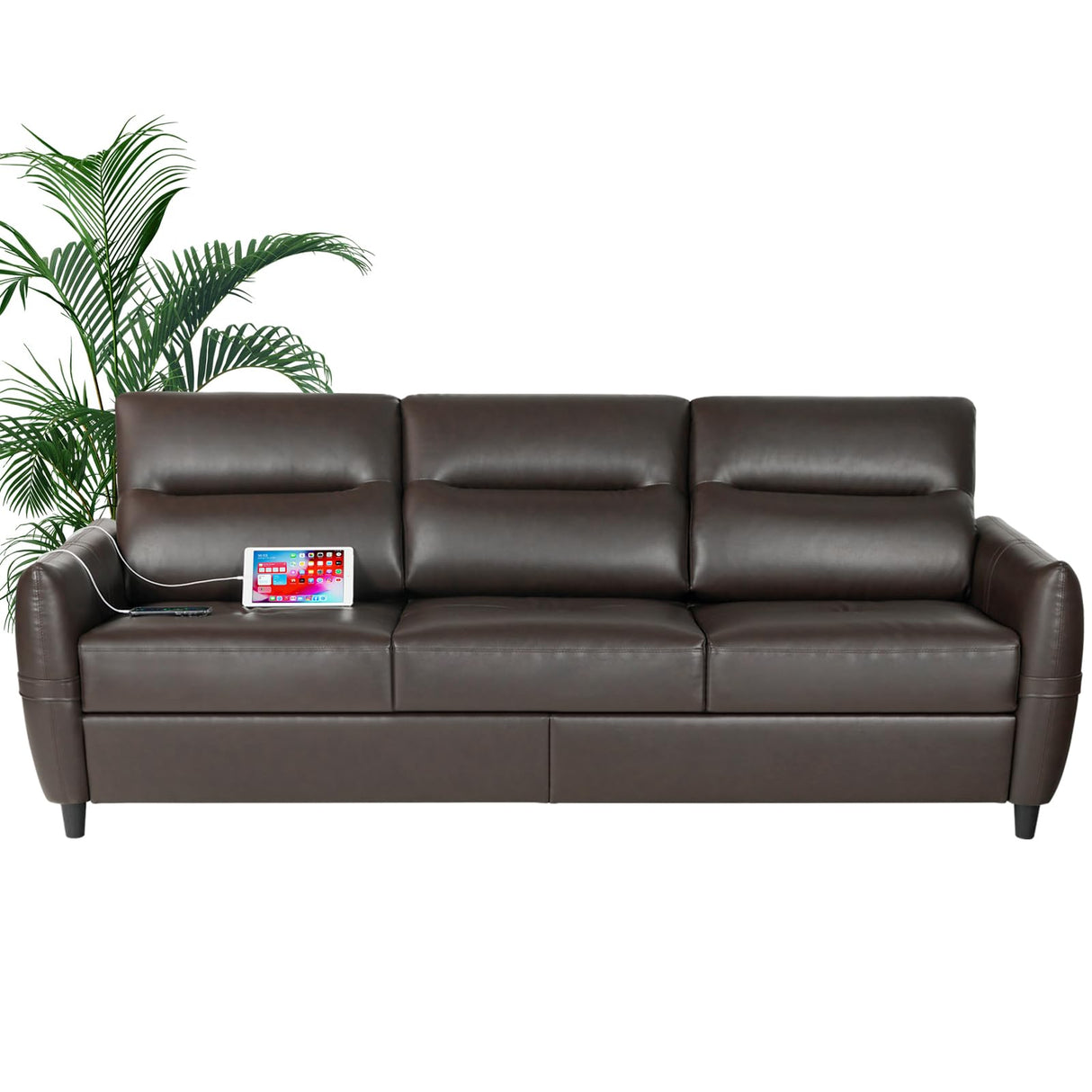 85” Faux Leather Sofa Brown Leather Couch with USB, Mid Century Modern 3 Seater