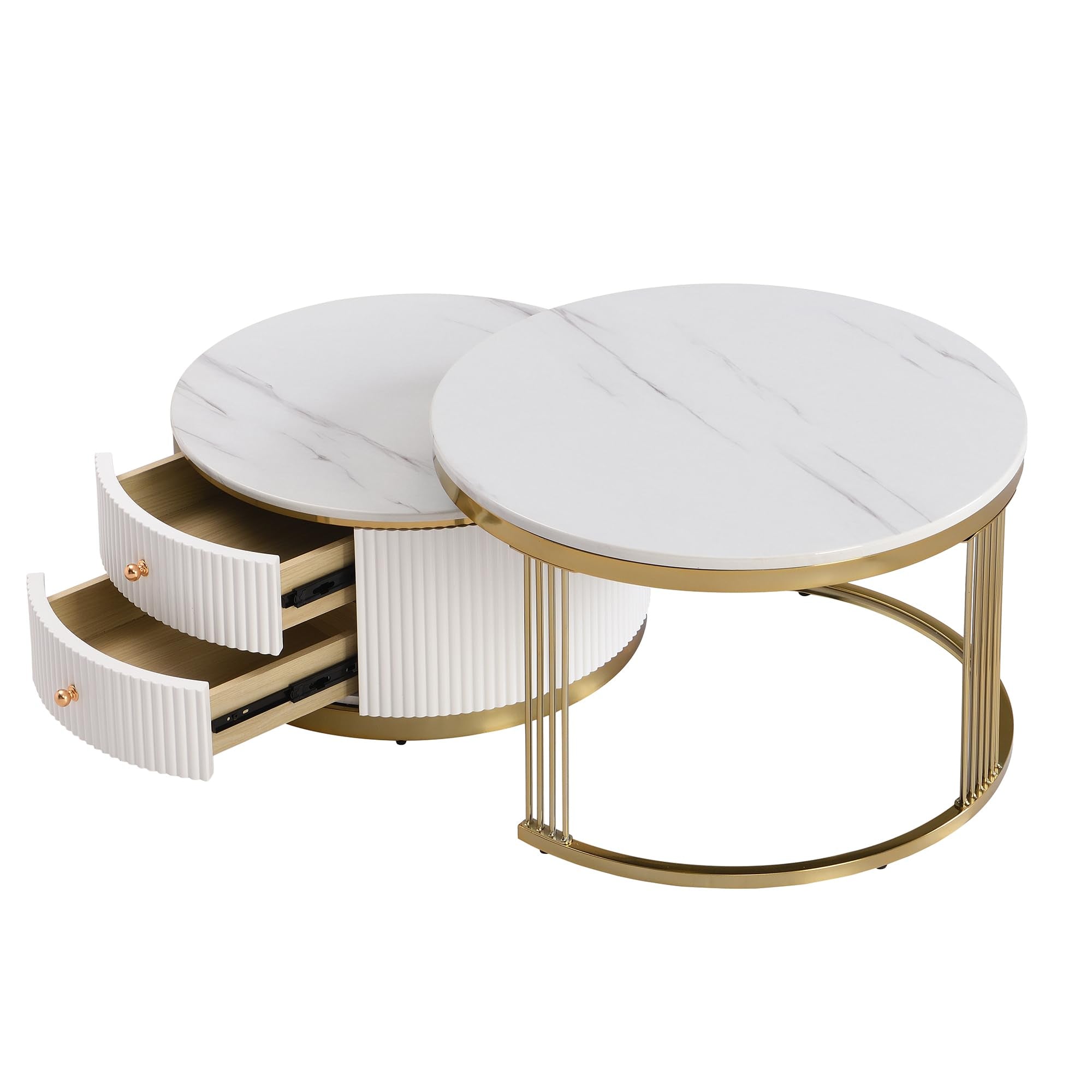 Modern Round Nesting Coffee Tables Set of 2, White with Gold Base