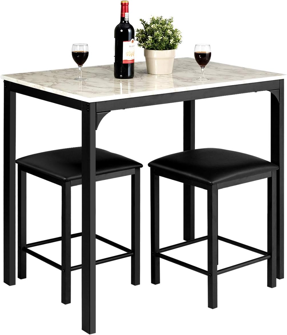 3 Pcs Dining Table and Chairs Set with Faux Marble Tabletop 2 Chairs Contemporary