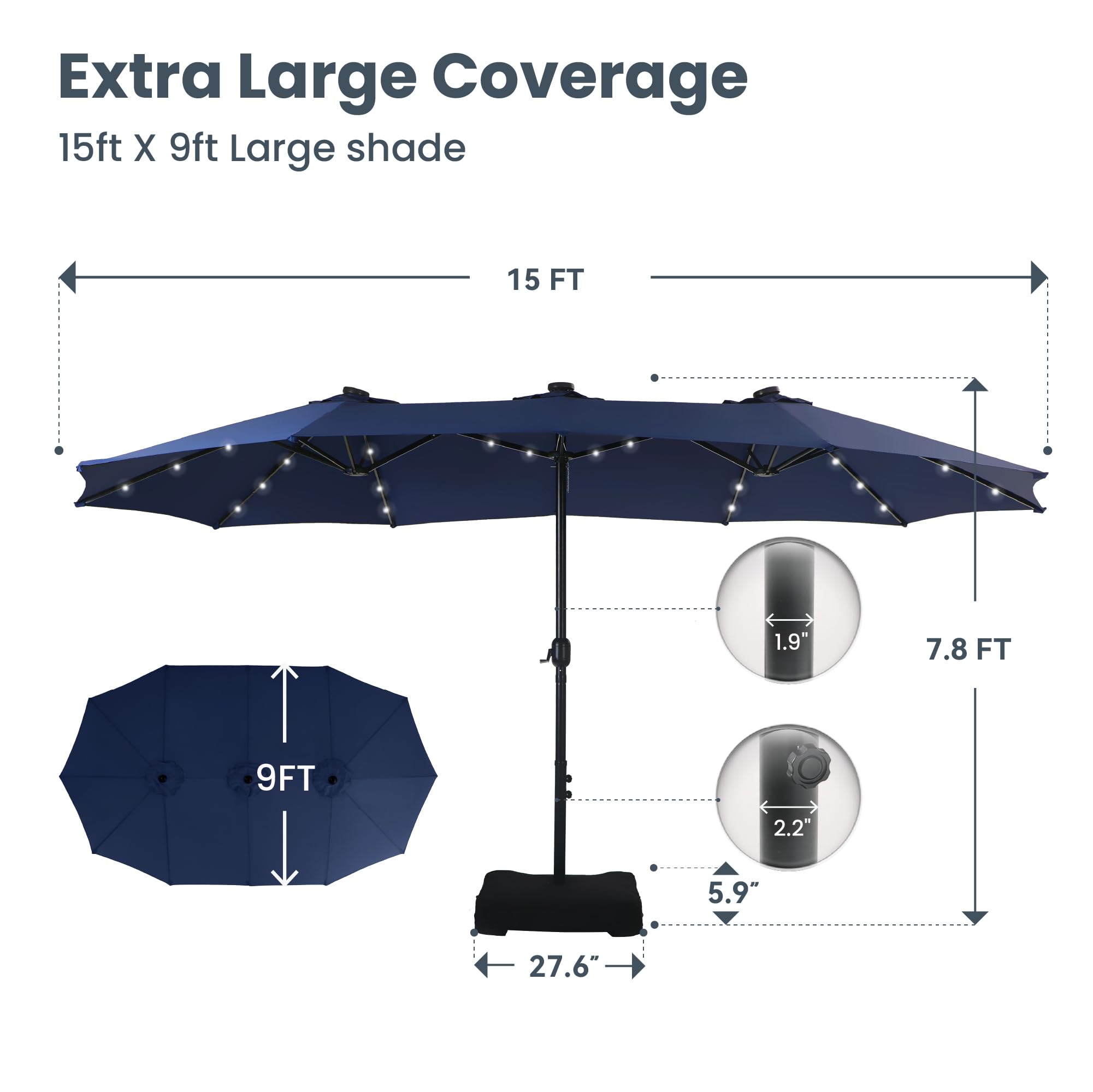 Large Patio Umbrella with Solar Lights, Double-Sided Outdoor Market Rectangle Umbrellas