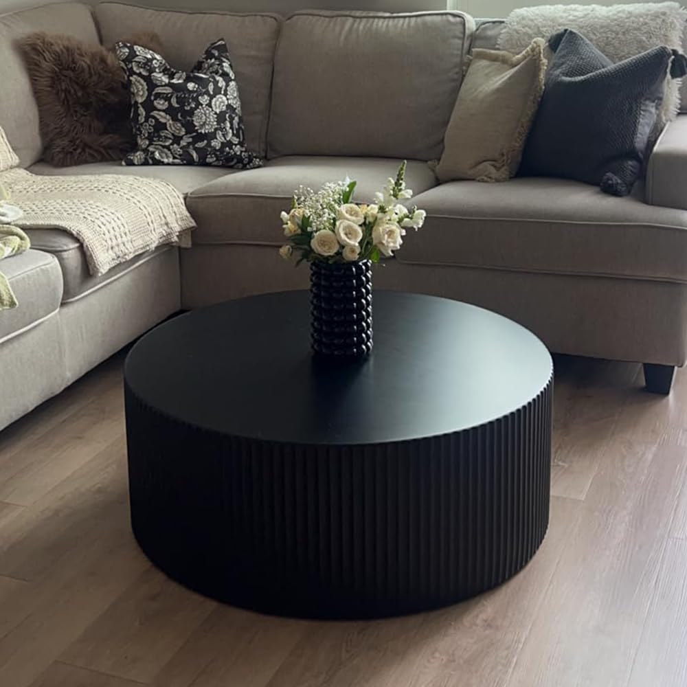 Black Round Coffee Table Modern Side Table End Table for Living Room, Wood Circle Drum Coffee Table Contemporary Living Room End Table Side Table, Matte Black (ø35.4'' x 13.7'')