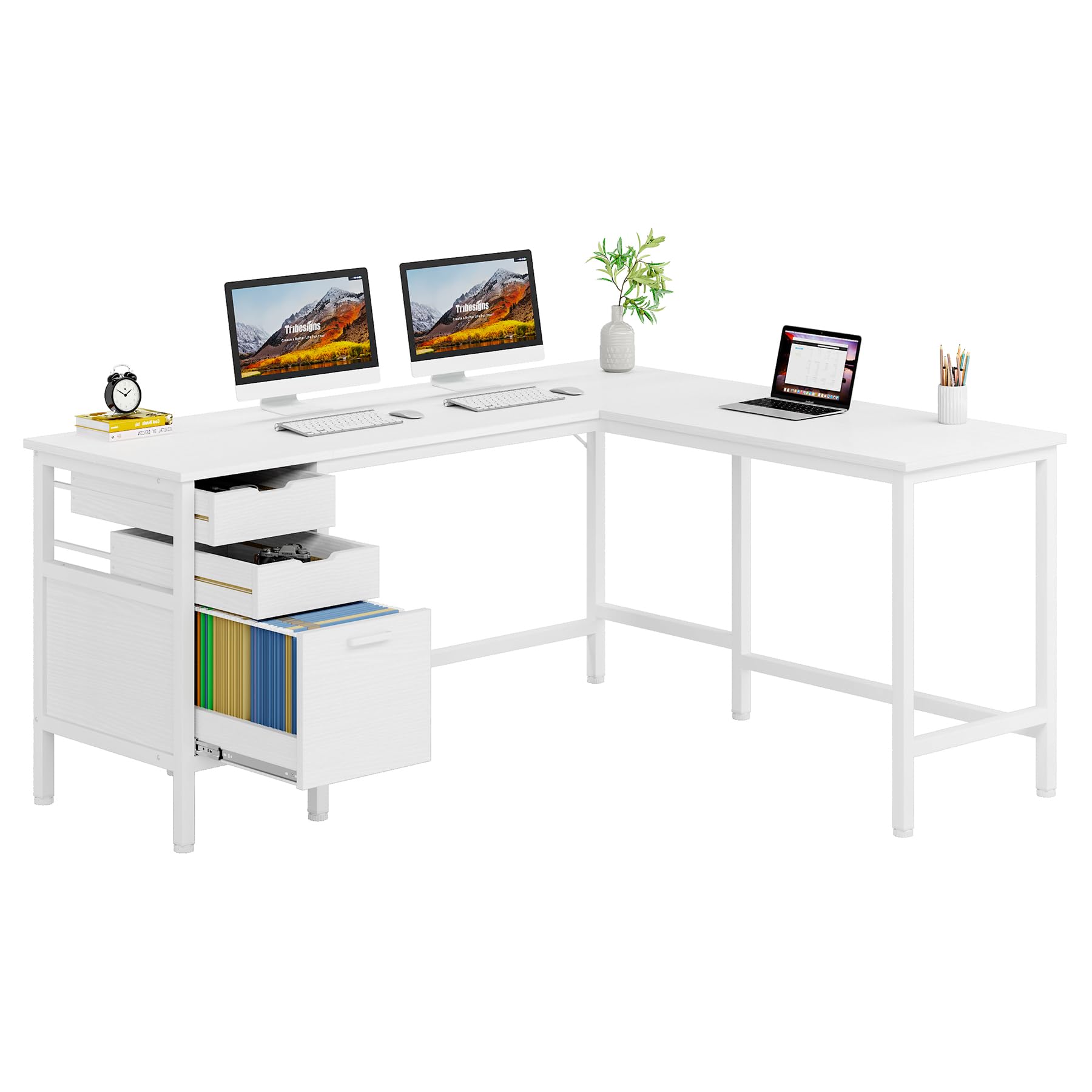 L Shaped Desk with File Drawer Cabinet, 59 Inch Corner Desk L Shaped Computer Desk
